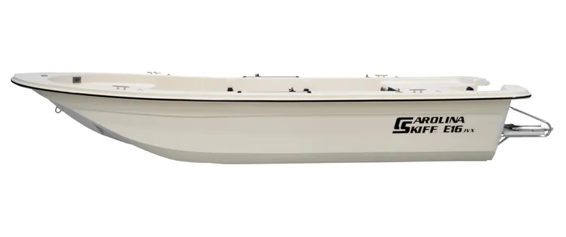 Slide: The Image of 2025 Carolina Skiff EV16 JVX TH boat, side view, white hull. - 6