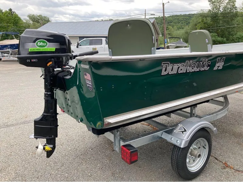 Slide: The Image of 2023 Duranautic DNB14RDS boat on trailer with Eco electric outboard motor. - 1