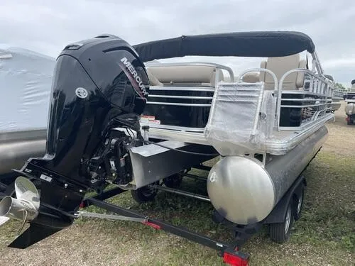 Slide: The Image of 2023 Sun Tracker SportFish 20 DLX pontoon boat with Mercury outboard motor. - 3
