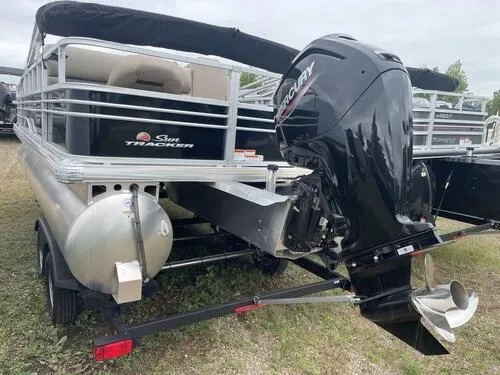 Slide: The Image of 2023 Sun Tracker SportFish 20 DLX pontoon boat with Mercury outboard motor. - 6