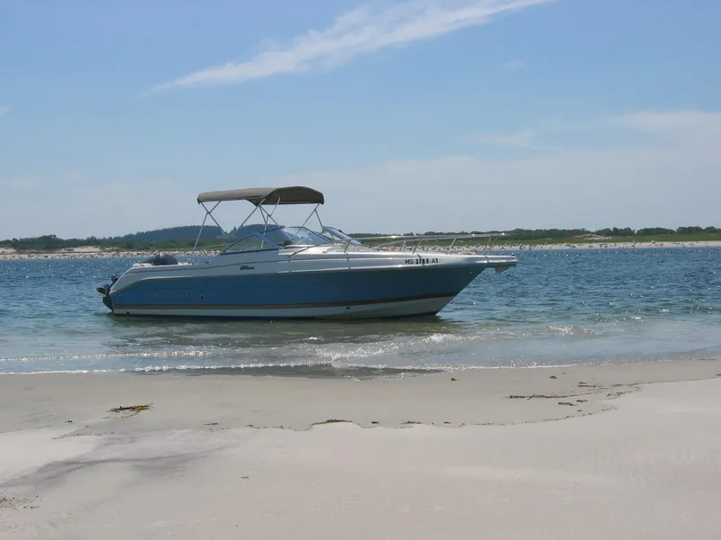 Slide: The Image of 2004 Wellcraft 220 Sportsman DC boat anchored on a sandy beach. - 7