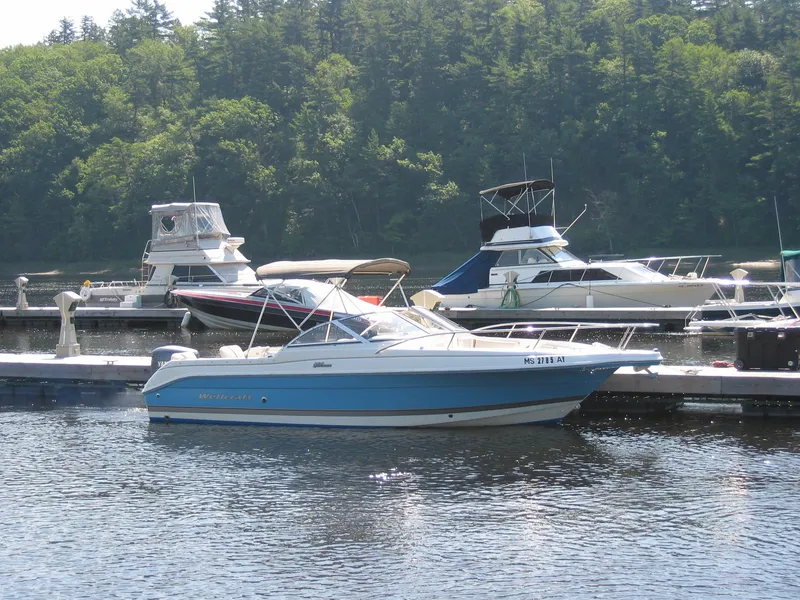 Slide: The Image of 2004 Wellcraft 220 Sportsman DC boat docked at a marina with other boats. - 9