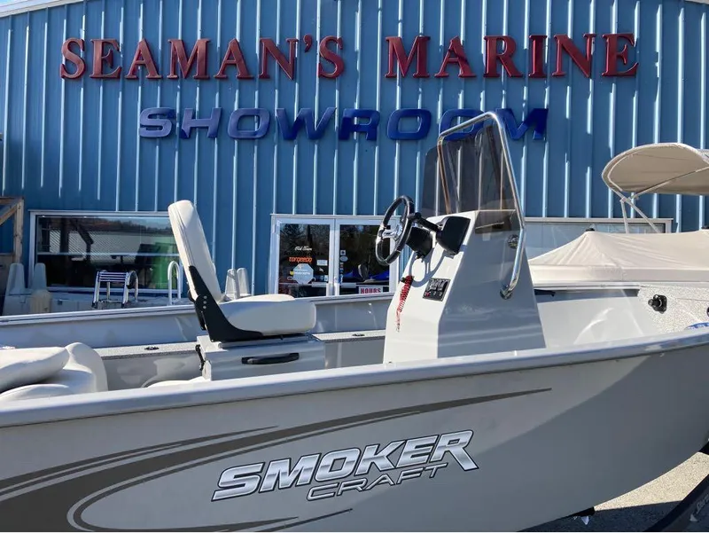 Slide: The Image of 2024 Smoker Craft 160 Freedom CC boat at Seaman's Marine showroom. - 9
