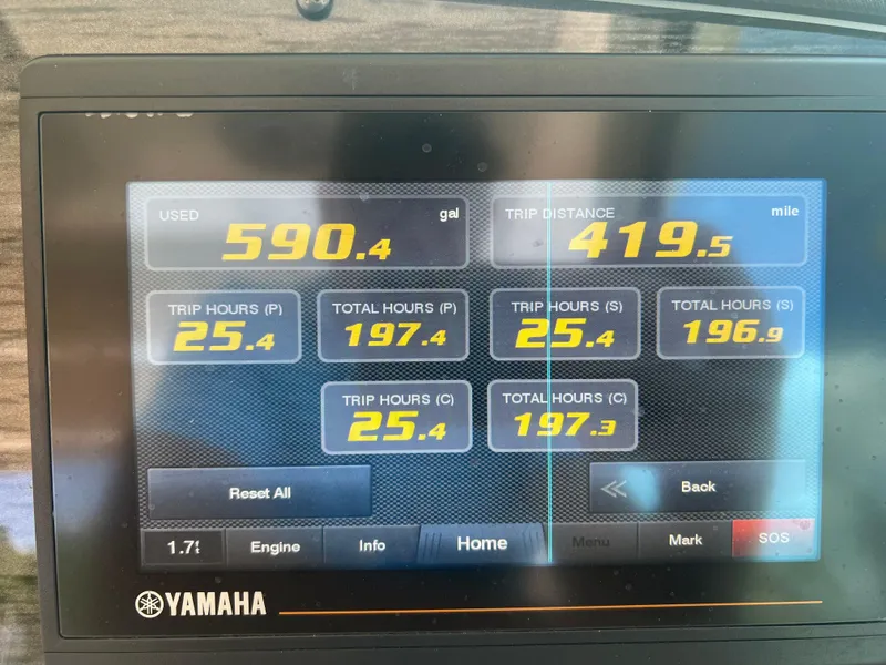 Slide: The Image of Yamaha engine display on a 2021 Grady-White Freedom 375 boat showing trip data. - 35
