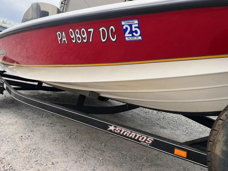 Slide: The Image of Red 2007 Stratos 176XT boat on trailer, registration PA 9897 DC visible. - 28
