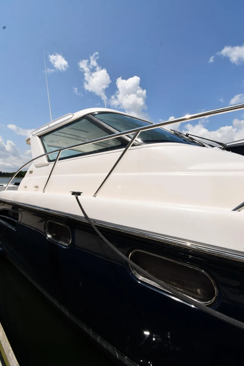 Slide: The Image of 2007 Tiara Yachts 4700 Sovran under a clear blue sky. - 2