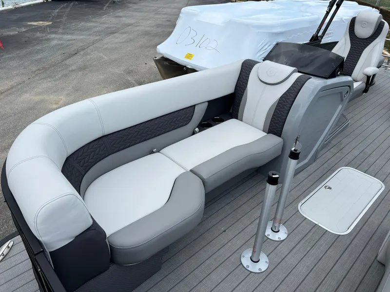 Slide: The Image of 2025 Godfrey Monaco 235 RL pontoon boat with luxurious seating and modern design. - 8