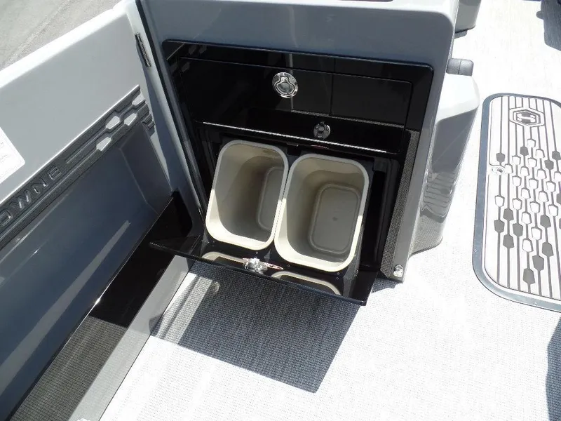 Slide: The Image of Harris Crowne 250 boat interior with dual storage bins, 2025 model. - 17