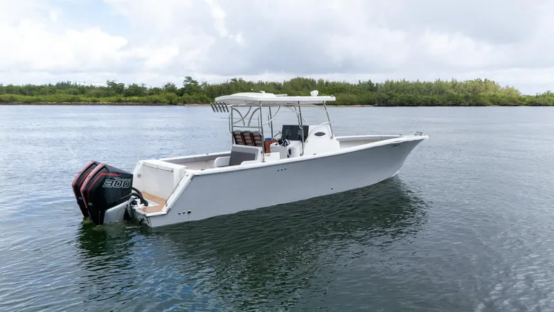 Slide: The Image of 2023 Seahorse 36 CC boat on calm water, featuring sleek design and powerful engine. - 3