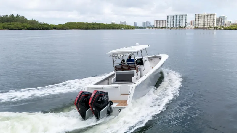 Slide: The Image of 2023 Seahorse 36 CC boat cruising on a calm river with city skyline. - 5