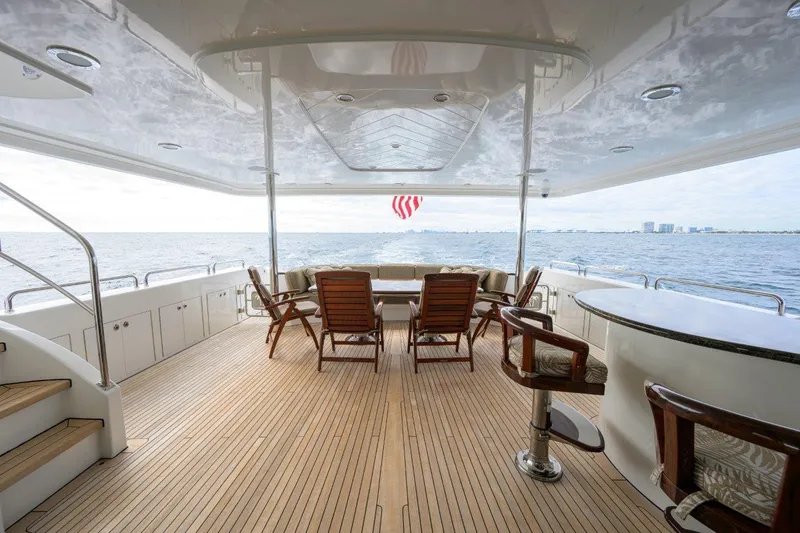 Slide: The Image of Luxurious 2008 Westport 112 yacht deck with seating, ocean view, and bar area. - 22