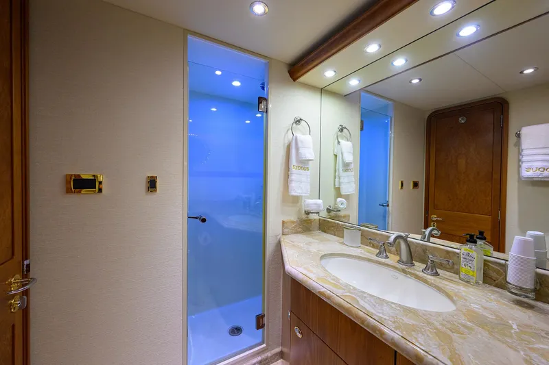 Slide: The Image of Luxurious bathroom in 2008 Westport 112 yacht with marble countertop and modern fixtures. - 65