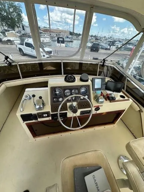 Slide: The Image of 1985 Trojan T36 boat helm with steering wheel, gauges, and navigation equipment. - 18
