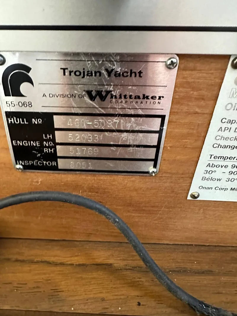 Slide: The Image of 1985 Trojan T36 Yacht identification plate with hull and engine numbers. - 26