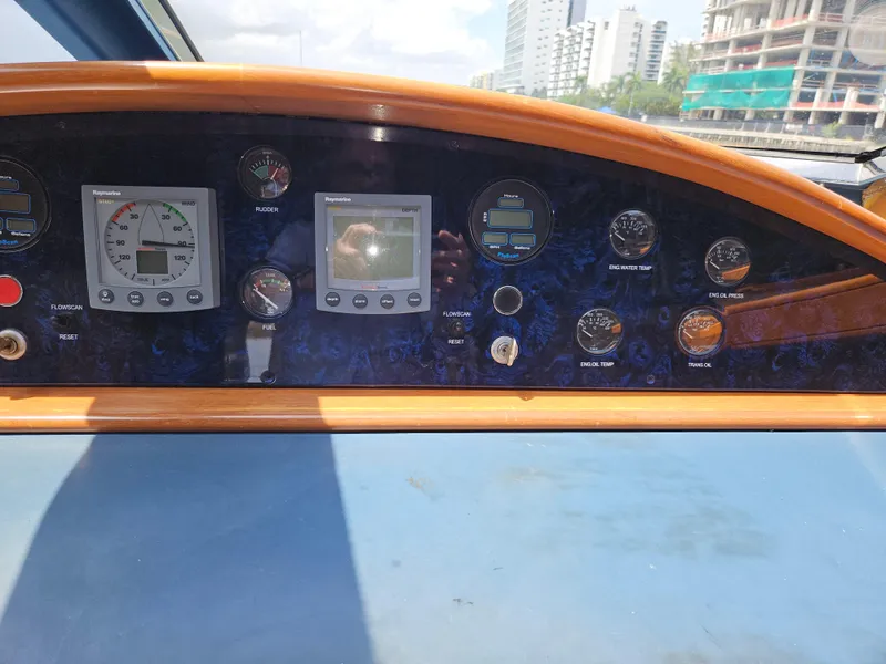 Slide: The Image of Control panel of 1998 Astondoa 72 GLX Extended Platform yacht with gauges and displays. - 29