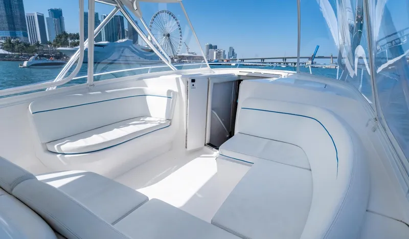 Slide: The Image of 2011 Intrepid 400 Cuddy interior with city skyline and Ferris wheel in the background. - 20