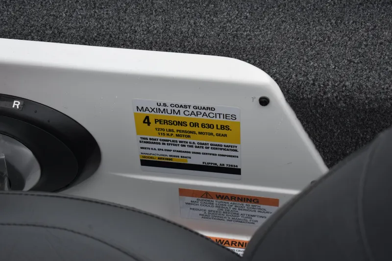 Slide: The Image of 2023 Vexus AVX189C boat capacity label, maximum 4 persons or 630 lbs. - 7