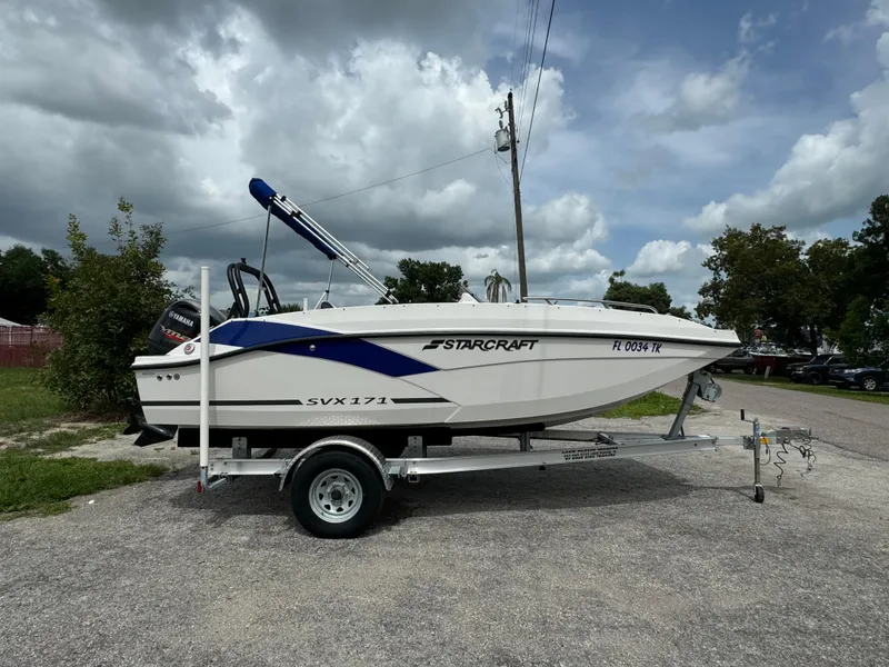 Slide: The Image of 2023 Starcraft SVX 171 OB boat on trailer under cloudy sky. - 3