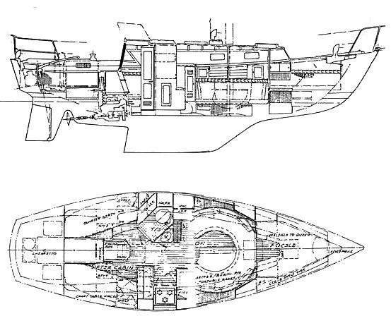 Slide: The Image of Blueprint of 1978 Cheoy Lee Offshore 32 sailboat, showing interior layout and design details. - 47