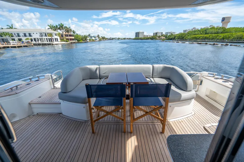 Slide: The Image of Luxury deck view on a 2018 Princess F62 yacht with waterfront scenery. - 6
