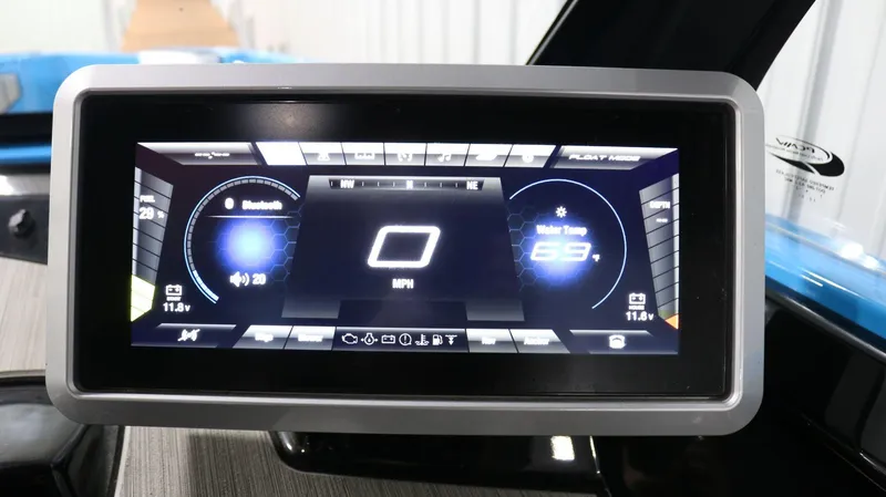 Slide: The Image of Dashboard display of 2023 Yamaha Boats 222XD, showing speed and water temperature. - 23