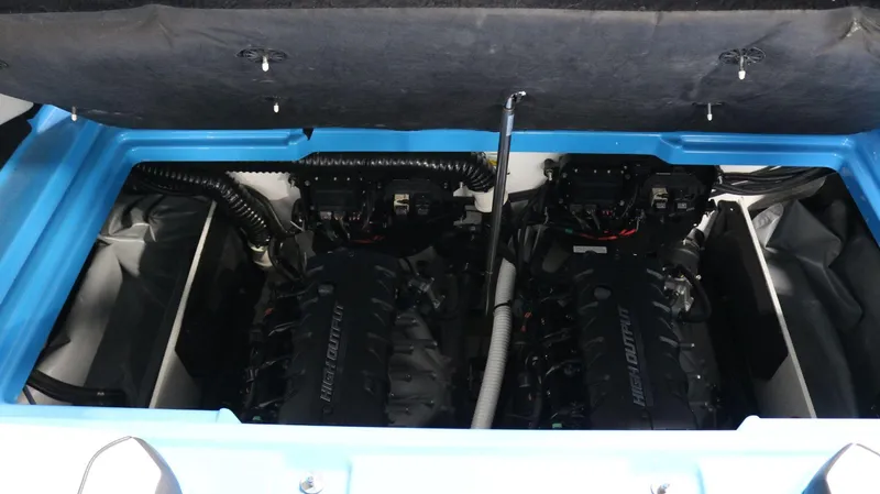 Slide: The Image of 2023 Yamaha Boats 222XD engine compartment showcasing dual high-output engines. - 25