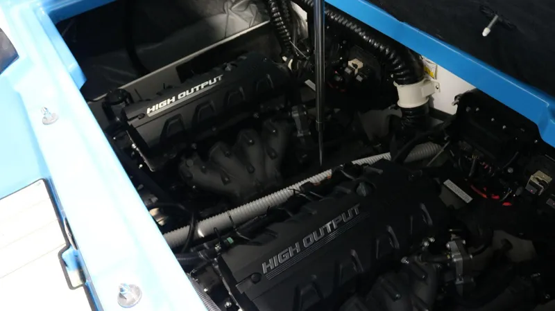 Slide: The Image of 2023 Yamaha Boats 222XD engine compartment with high output engines. - 26