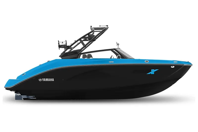 Slide: The Image of 2023 Yamaha Boats 222XD, sleek black and blue design, side view. - 36