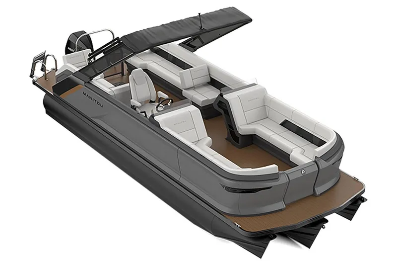 Slide: The Image of 2023 Manitou Explore 24 Switchback pontoon boat with sleek design and spacious seating. - 12