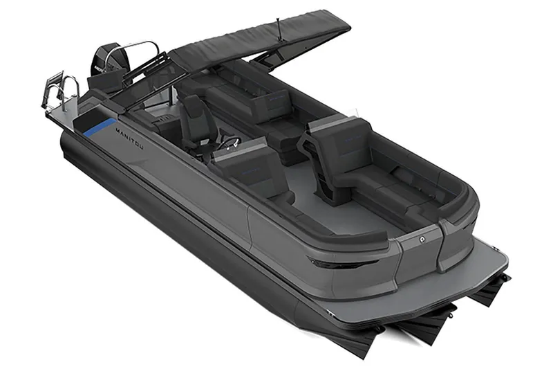 Slide: The Image of 2023 Manitou Explore 24 Switchback pontoon boat, sleek design, spacious seating, modern features. - 13