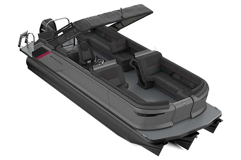Slide: The Image of 2023 Manitou Explore 24 Switchback pontoon boat, sleek design, spacious seating, modern features. - 14