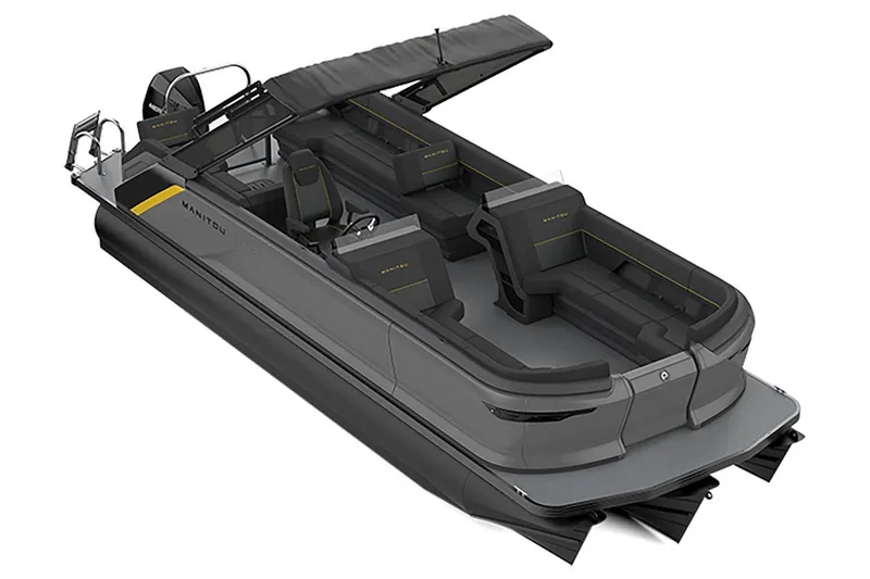 Slide: The Image of 2023 Manitou Explore 24 Switchback pontoon boat with sleek design and spacious seating. - 15