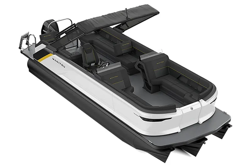 Slide: The Image of 2023 Manitou Explore 24 Switchback pontoon boat with sleek design and spacious seating. - 16