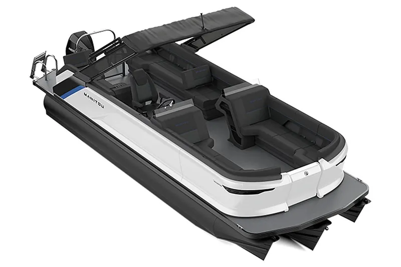 Slide: The Image of 2023 Manitou Explore 24 Switchback pontoon boat with sleek design and spacious seating. - 18