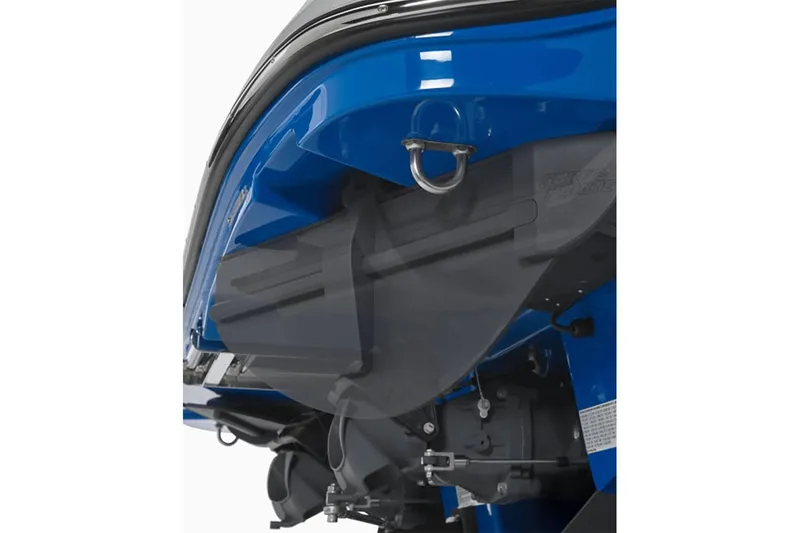 Slide: The Image of Close-up of 2024 Yamaha Boats 222XE blue hull and hardware. - 10