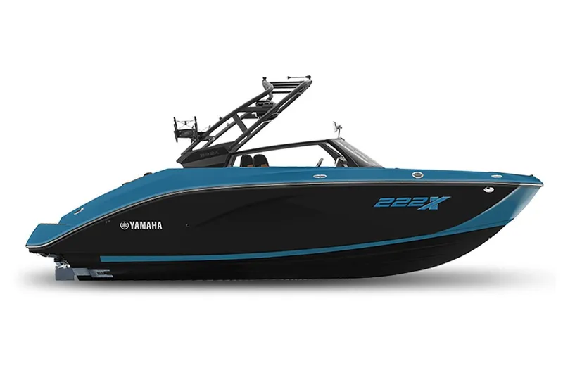 Slide: The Image of 2024 Yamaha Boats 222XE, sleek black and blue design, side view. - 6