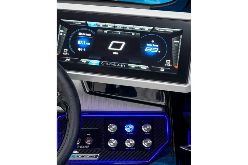 Slide: The Image of 2024 Yamaha Boats 222XE dashboard with digital display and control panel. - 9