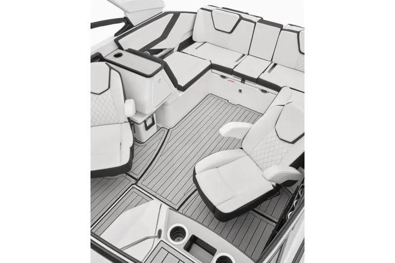 Slide: The Image of 2024 Yamaha Boats 252S interior with luxurious white seating and sleek design. - 10