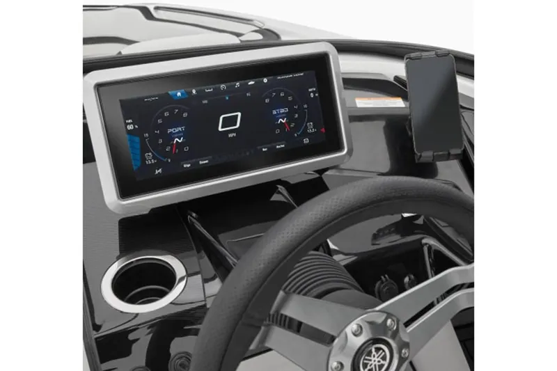 Slide: The Image of 2024 Yamaha Boats 252S dashboard with digital display and steering wheel. - 13