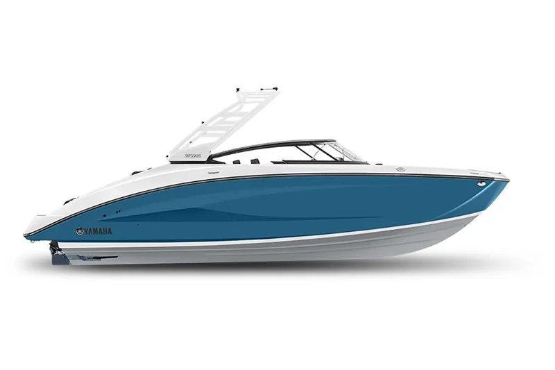 Slide: The Image of 2024 Yamaha Boats 252S, sleek blue and white design, side view. - 8