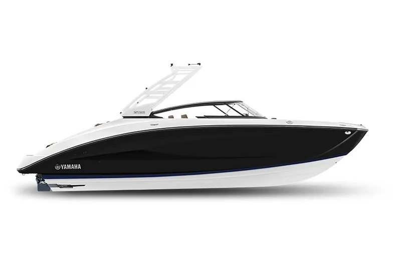Slide: The Image of 2024 Yamaha Boats 252S, sleek black and white design, side view. - 9