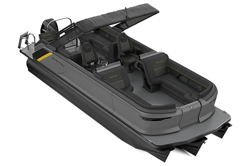 Slide: The Image of 2024 Manitou Explore 24 Navigator pontoon boat with sleek design and spacious seating. - 11
