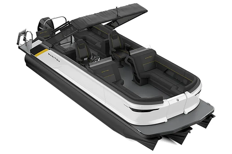 Slide: The Image of 2024 Manitou Explore 24 Navigator pontoon boat with sleek design and spacious seating. - 12