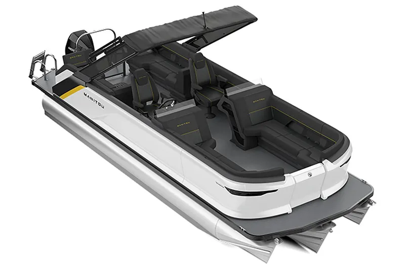 Slide: The Image of 2024 Manitou Explore 24 Navigator pontoon boat with sleek design and spacious seating. - 13