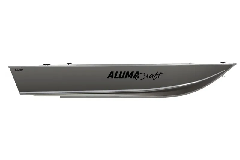 Slide: The Image of 2024 Alumacraft V-16 Tiller boat, side view, sleek design, gray color. - 13
