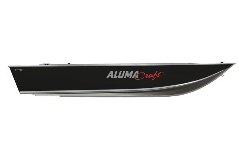 Slide: The Image of 2024 Alumacraft V-16 Tiller boat, sleek black design, side view. - 14