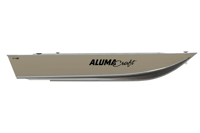 Slide: The Image of 2024 Alumacraft V-16 Tiller boat, side view, beige color, sleek design. - 15