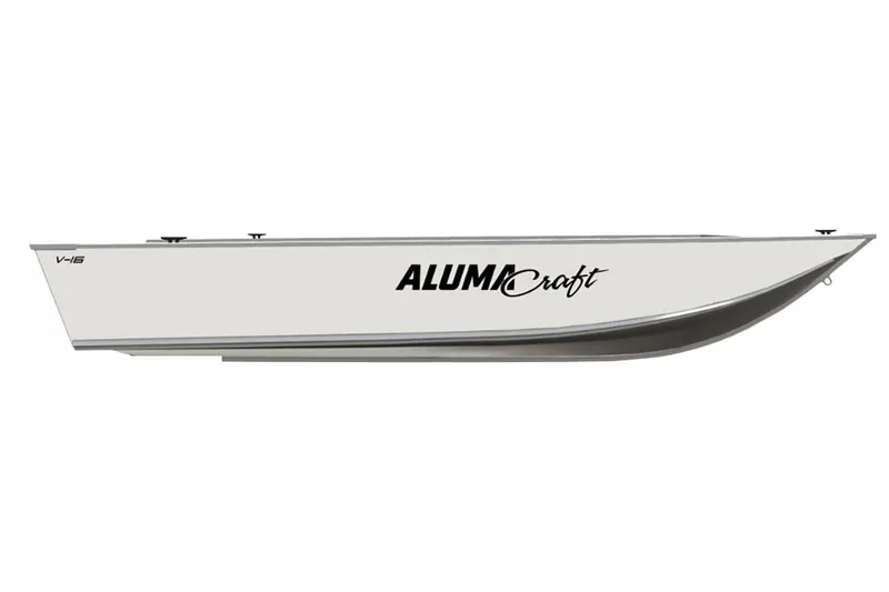 Slide: The Image of 2024 Alumacraft V-16 Tiller boat, side view, sleek design. - 16