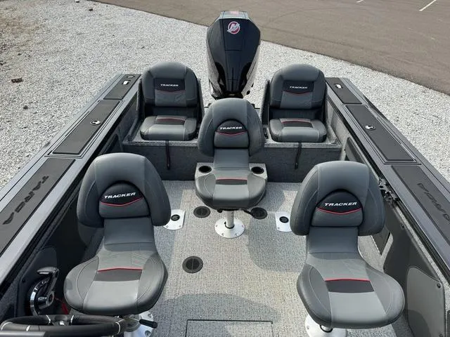 Slide: The Image of 2023 Tracker V-19 WT TARGA boat interior with five gray seats. - 12