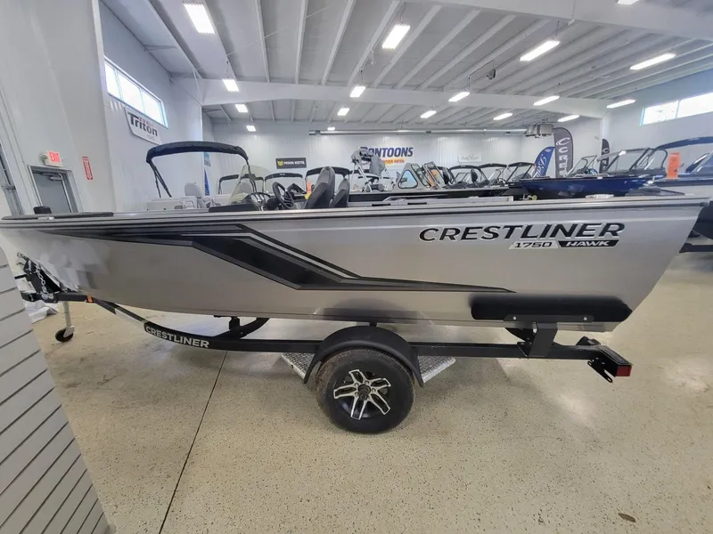 Slide: The Image of 2024 Crestliner 1750 HAWK SC JS boat displayed in showroom. - 6
